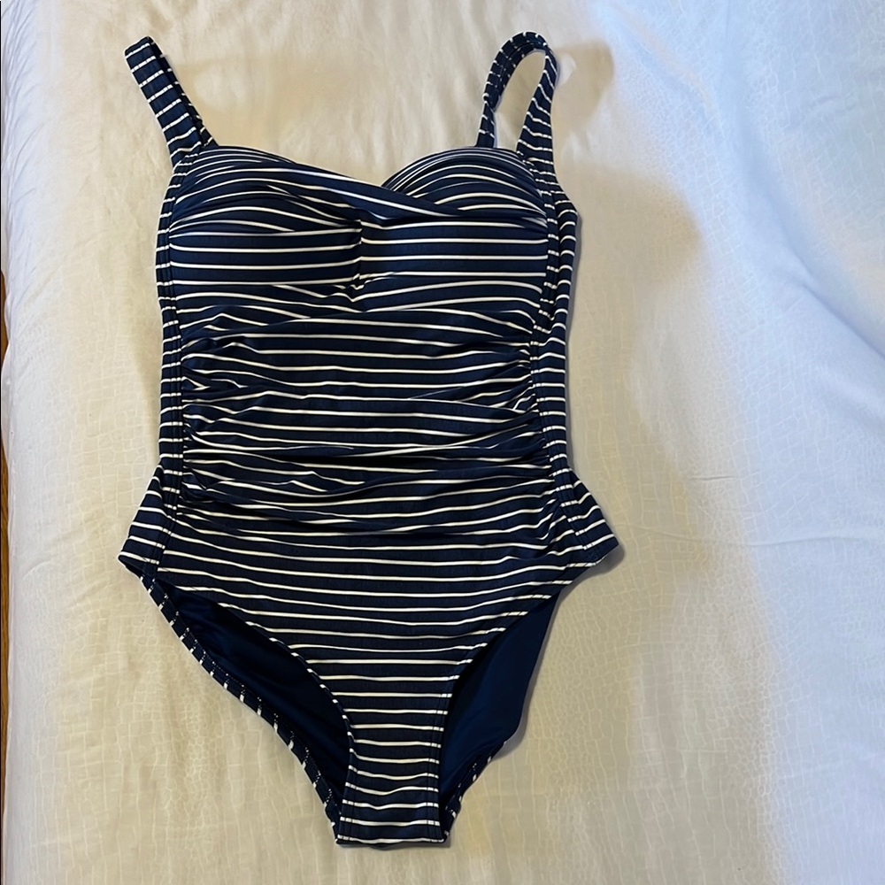 Blue and White One Piece Swimsuit with Sweetheart Neckline